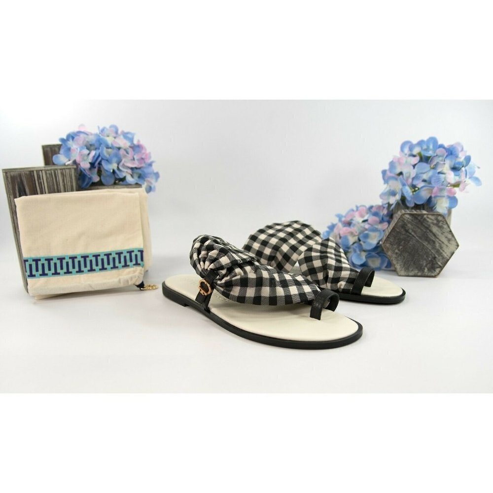 Tory Burch Black New Ivory Gingham Twill Leather Selby Scarf Sandals NIB